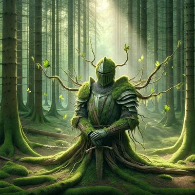 The primary subject of the image is a knight, dressed in medieval armor, sitting on a tree stump. The setting is a forest, with trees surrounding the knight. The visual style is a digital art, creating a fantasy and imaginative atmosphere. The colors are predominantly green, representing the forest and the knight's armor, and the mood is one of adventure and exploration.